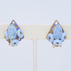 Vintage Hobé Blue Iridescent & Speckled Art Glass Floral Clip On Earrings 1950s